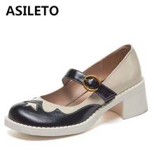 ASILETO-zapatos de piel auténtica para mujer, calzado de tacón alto cuadrado de 5cm, con cierre de punta redonda, para primavera y otoño, 2021 2024 - compra barato