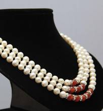 Free shipping  3 rows 7-8mm white akoya pearl + 8mm red green yellow black agate necklace 2024 - buy cheap