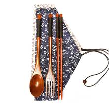 Juego de palillos chinos, vajilla de madera con cuchara, tenedor, bolsa de tela, respetuoso con el medio ambiente, portátil de viaje, 3 unids/set 2024 - compra barato