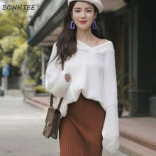 Pullovers Women V-neck Batwing Sleeve Solid Knitting Loose Soft Simple Daily All-match Ulzzang Leisure Elegant Females Sweaters 2024 - buy cheap