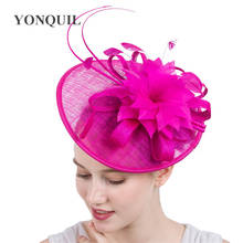 Hot Pink Sinamay Wedding Hair Fascinators Hats For Lady Women Church Dinner Millinery Fancy Feather Flower Hats Headpiece SYF114 2024 - buy cheap