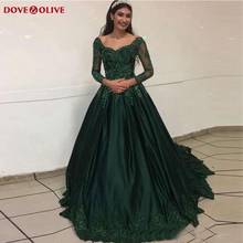 Dark Green Appliques Sequins Formal Party Long Sleeves Evening Dresses 2020 Satin A-Line Elegant Women Prom Gowns vestidos gala 2024 - buy cheap