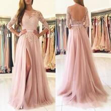 Blush Pink Split Long Prom Dresses Sheer Neck 3/4 Long Sleeves Backless Appliques Lace Bridesmaids Evening Gowns 2024 - buy cheap