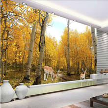 Papel tapiz fotográfico 3D, Mural de pared espacial de Sika Deers, bosque de abedul Natural, hojas doradas de otoño, sala de estar, Fondo de TV, papel de pared 3D 2024 - compra barato