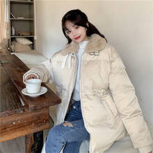 Winter New Solid Color Stand Collar Cotton Jacket Female Korean Fashion Drawstring Waist Loose Warm Fur Collar Thick Bread Coat 2024 - buy cheap