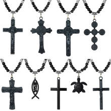 Retro jesus cruz pingentes colar cor preta grânulos correntes saint benedict medalha colares para homem religioso jóias presente kolye 2024 - compre barato
