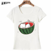 Women White T Shirt Funny Greedy Cat Print T-Shirt Delicious watermelon Design Casual Tops Cute Girl Tees Fashion Short Sleeve 2024 - buy cheap