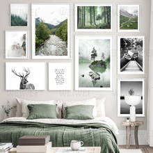 Green Forest Decoration Painting Mist Mountain Peak Scenery Living Room Wall Canvas Painting Black and White Water Surface Trees 2024 - buy cheap