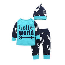 Conjunto de ropa para recién nacido, ropa con letras impresas de Hello World, Tops, pantalones y sombrero, 3 uds. 2024 - compra barato