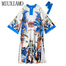 MIUXIMAO-Vestido largo bohemio de talla grande para mujer, Vestido largo de seda con cuello redondo y manga larga hasta el suelo, caftán de playa con Árbol de flores, cinturón, 2021 2024 - compra barato