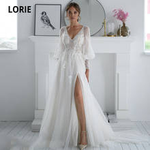 Женское свадебное платье с пышными рукавами LORIE, винтажное кружевное платье из тюля с V-образным вырезом, аппликацией и разрезом сбоку, платье для невесты 2024 - купить недорого