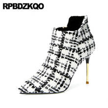 Designer Plaid Shoes Black And White Stiletto Women Boots Winter 2021 Pointed Toe Booties Short Ankle High Heel Big Brand Fur 2024 - buy cheap