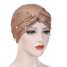 Women twist Turban cap Muslim beading Hijab scarf turbante mujer india hat Head Wrap Scarf Stretch Beanie Bonnet Chemo turbans 2024 - buy cheap