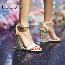 Bescone sapatos femininos sandálias cunhas couro genuíno verão corrente bonito elegante vestir dedo do pé quadrado super alta sexy um130 2024 - compre barato