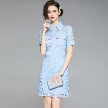 Vestido Vintage de verano de manga corta para mujer, elegante vestido de flores con encaje azul de retales, con cuello vuelto y botones para fiesta, 2021 2024 - compra barato