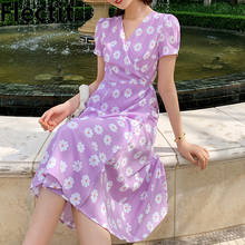 Flecti Women's Floral Wrap Dress Tie Waist Short Sleeve V-Neck Daisy Printed Chiffon Long Dress Summer Resort Chic Outfit * 2024 - buy cheap