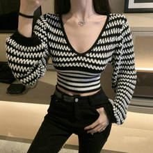 Sexy V Neck Sweater Women New High Waist Knit Shirt Female Korean Style Slimming Thin Crop Top 2021 Spring 2024 - buy cheap