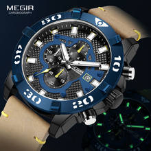 Megir relógio masculino com cronógrafo azul, de quartzo para homens com pulseira de couro, militar esportivo, à prova d'água, relógios de pulso 2024 - compre barato