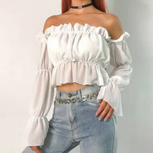 Sexy Women Off Shoulder Sheer Mesh Puff Long Sleeve Ruffle Crop Tops Shirt Blouse Tops 2024 - buy cheap