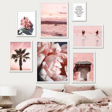 Pintura em tela para porta de parede, estampa de flor rosa, flamingo, com citações, arte de parede, pôsteres nórdicos, imagens de parede para decoração de sala de estar 2024 - compre barato