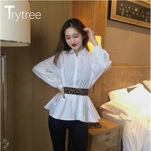 Trytree Весенняя женская блузка, повседневная, отложной воротник, однобортная, однотонная, 2 цвета, модная, элегантная, с леопардовым поясом, блузка, Топ 2024 - купить недорого