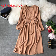 ALPHALMODA  Autumn Long-sleeved Sashes Office Ladies New Casual Chiffon Dress High Waist V-neck Solid Female Mid-calf Vestidos 2024 - buy cheap