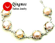 Qingmos Natural Pink Pearl Bracelet for Women with 11-12mm Baroque Pearl Silver-Color Chain Bracelet Adjustable 7.5-8.5" Jewelry 2024 - buy cheap