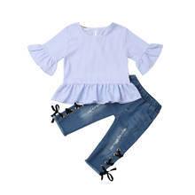 Комплекты одежды для маленьких девочек, летние полосатые топы с расклешенными рукавами, длинные джинсовые штаны, наряды из 2 предметов, модная одежда для детей от 0 до 5 лет, 2021 2024 - купить недорого