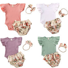 Newborn Baby Girl Clothes Sets Summer Baby Girl 3Pcs Fly Sleeve Ribbed Bodysuit+Floral Ruffles Shorts+Headband Outfits 0-24M 2024 - buy cheap