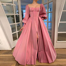 Simple Satin Long Evening Dresses Formal Gown Square Neck Full Sleeve Button Prom Dress vestido de festa 2024 - buy cheap