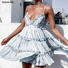 Gypsicofeminino mini vestido de verão, sensual, com alças, decote em v profundo, com babados, para praia, festas, boho, sensual, feminino 2024 - compre barato