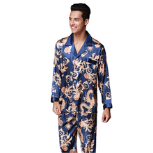 Pijama de seda cetim masculino, roupa de dormir de mangas compridas de seda falsa, conjunto de pijama caixa com estampa solta 2024 - compre barato