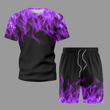 Verão casual manga curta conjuntos masculinos roxo chama impressão t camisa e shorts 2 peças conjunto de fitness jogging nova tendência treino 2024 - compre barato