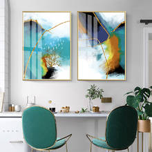 Arte de pared de mármol azul dorado abstracto, cuadro de lienzo de pájaro de bosque moderno, carteles nórdicos e impresiones para decoración de sala de estar 2024 - compra barato