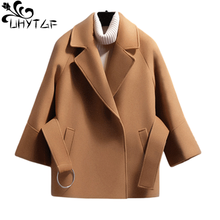UHYTGF Short Woolen Coat Women Suit collar Belt Cloak type  Autumn Winter Jacket Overcoat Female 4XL Loose Size Tops Jaqueta 669 2024 - buy cheap