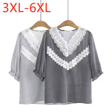 New 2021 Ladies Summer Plus Size Tops For Women Large Short Sleeve Loose Black Stripe Lace V-neck Chiffon Shirt 3XL 4XL 5XL 6XL 2024 - buy cheap