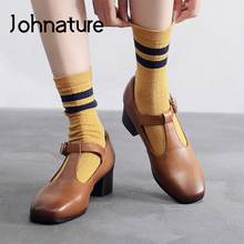 Johnature Genuine Leather Pumps Women Shoes 2022 New Spring/Autumn High Heels Round Toe Casual Buckle Retro Concise Ladies Shoes 2024 - buy cheap