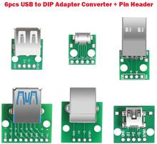 6pcs USB to DIP Adapter Converter Mini / Micro USB Female, 2.54mm 4p USB Male USB 2.0 3.0 Female USB Type B Square Interface 2024 - buy cheap