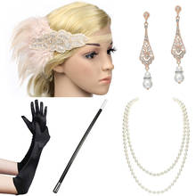 Conjunto de acessórios para fantasia de 1920s, penas vintage gatsby, tiara, suporte de cigarro, colar de pérola, brinco, luvas, 5 peças 2024 - compre barato