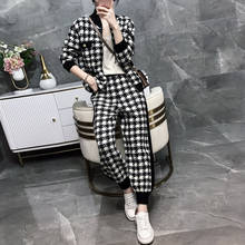 2020 Autumn Fashion Plaid Knitted Two Piece Sets Outfits Women Zip-up Cardigan Coat + Harem Pants Suits Korean Casual Tracksuits 2024 - buy cheap