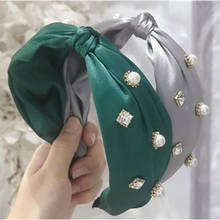 Elegant Green Satin Headband Pearls for Women Accessories Solid Head Band Knotted Wide Hairband Adults Wedding Crystal Headband 2024 - buy cheap
