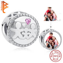 100% 925 Sterling Silver Happy Family Beads Pink Love Heart CZ Custom Photo Charms for Jewelry Making Women Children Gift 2024 - buy cheap