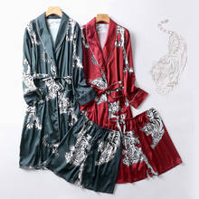 bathrobe set for Men Two-Pieces Nightgown Satin male Sleepwear Loose Long Sleeve Robe and Long Pants bathrobe men 2024 - buy cheap