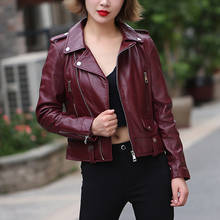 Autumn Women Genuine Motorcycle Jacket Short Sheepskin Real lambskin Leather coats Slim Wine Red Fashion Large Size XXXL  2024 - buy cheap