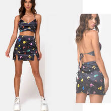 Fashion Butterfly Print Two Piece Set casual Women Sexy Halter V-neck Backless Crop Top Cami and Mini Skirt Summer Matching Set 2024 - buy cheap
