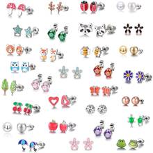 30 Pairs Stainless Steel Mixed Animals Heart Star Ladybug Bee Frog Mushroom Tree Daisy Umbrella Stud Earrings Set Kids 2024 - buy cheap