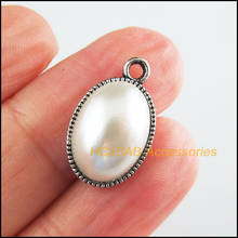 25 New Oval Charms Tibetan Silver Tone Retro Flower White Acrylic Pendants 11.5x19mm 2024 - buy cheap