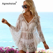 2021 New Sexy Mesh Lace Embroidery Beach Cover Up Women Bikini Cover Up Beach Skirt Long Sleeve Beachwear Bathing Suits Cover-Up 2024 - buy cheap