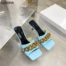 2021 New Women Summer Metal Chain Slippers Luxury Designer Rubber Slides Fashion Square Toe Kitten Heel Sandal Mules Shoes Women 2024 - buy cheap