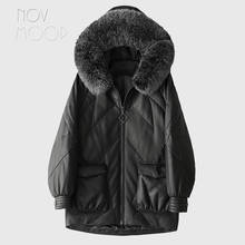 Novmoop imitate dense high quality fox fur hood genuine leather women down coat for winter LT3286 2024 - buy cheap